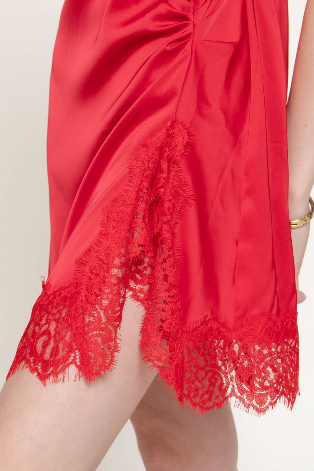Sleeveless High Neck Satin Mini Dress with Lace Hem Detail