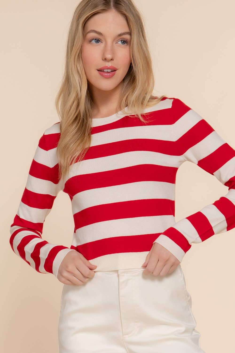 Long Sleeve Crew Neck Stripe Fitted Sweater
