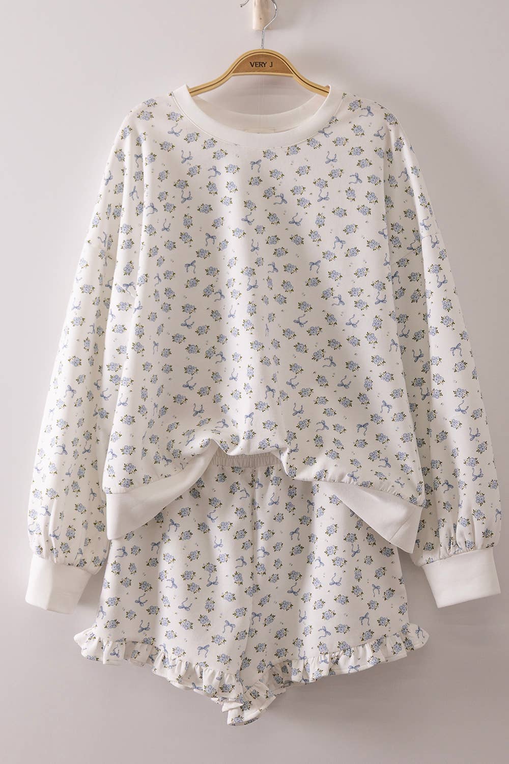 NT12635SET-Floral Printed Knit Comfy Top & Shorts Set