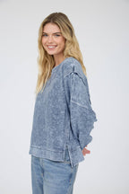 ACID WASH LONG SLEEVE SIDE SLIT KNIT TOP