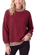 Rib Knit Leopard Contrast Pullover