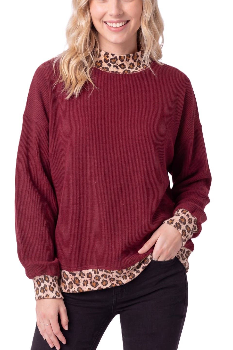Rib Knit Leopard Contrast Pullover
