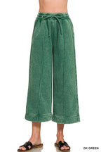 Acid Washed Fleece Pintuck Wide Leg Cropped Pants w/ Pockets