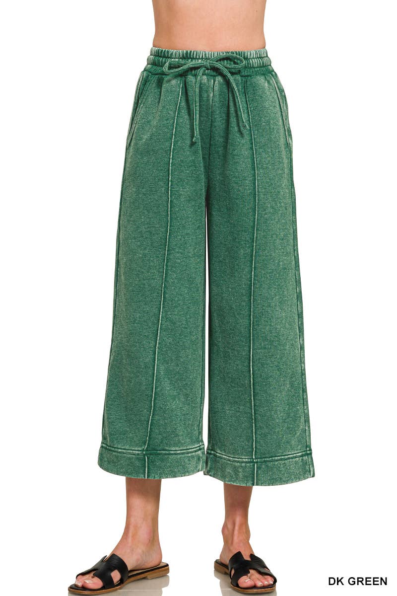 Acid Washed Fleece Pintuck Wide Leg Cropped Pants w/ Pockets