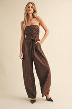 LEOPARD SUEDE STRAPLESS BELTED JUMPSUIT