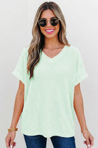 Waffle Texture V Neck Short Sleeve Knit Top | S-XL