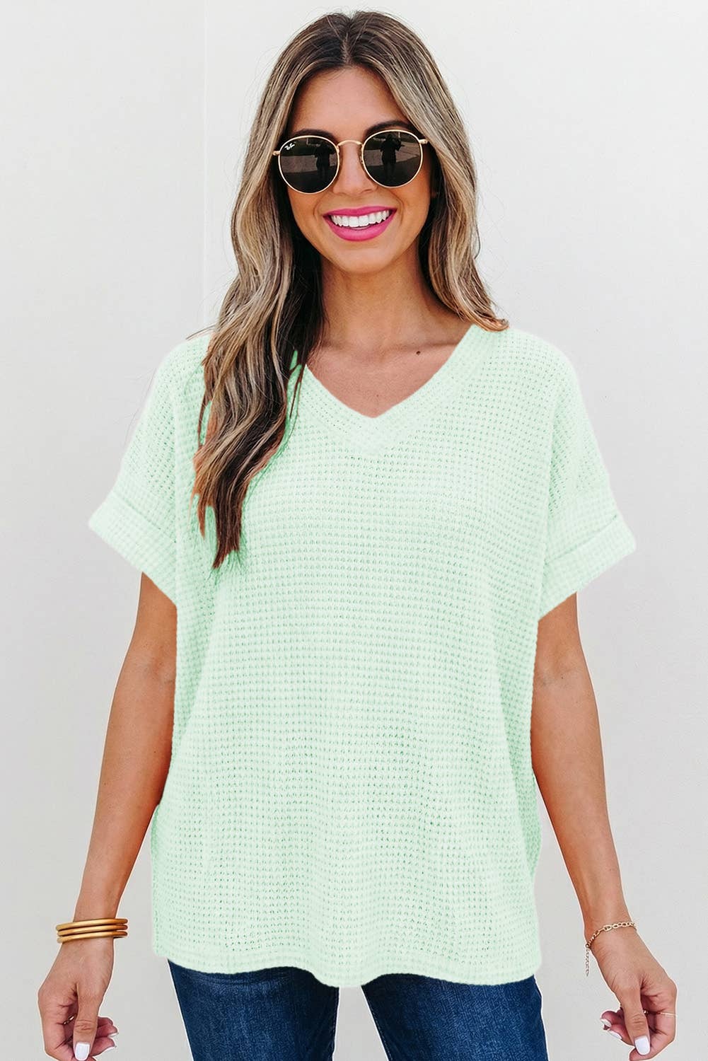 Waffle Texture V Neck Short Sleeve Knit Top | S-XL