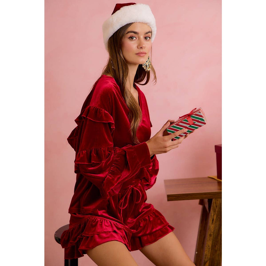 HOLIDAY VELVET RUFFLED SLEEVES V NECK TOP
