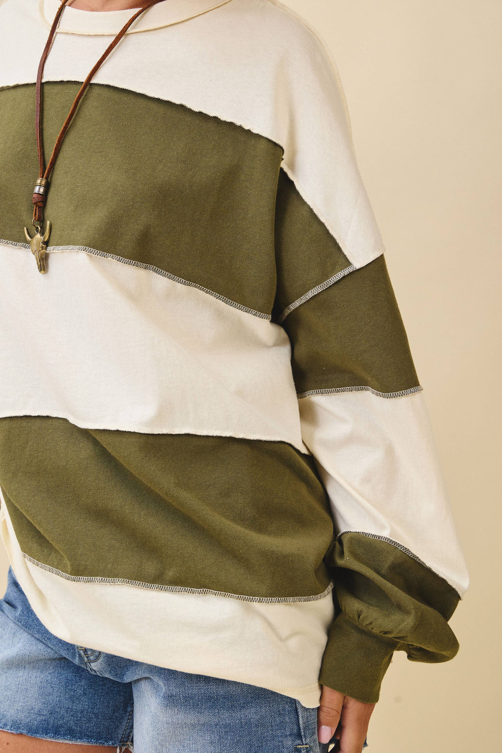 8551GN Contrast Panel Long Sleeve Slouchy Pullover 1