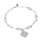 Stainless Steel Rhinestone Pave Quatrefoil Charm Paperclip Chain Link Bracelet