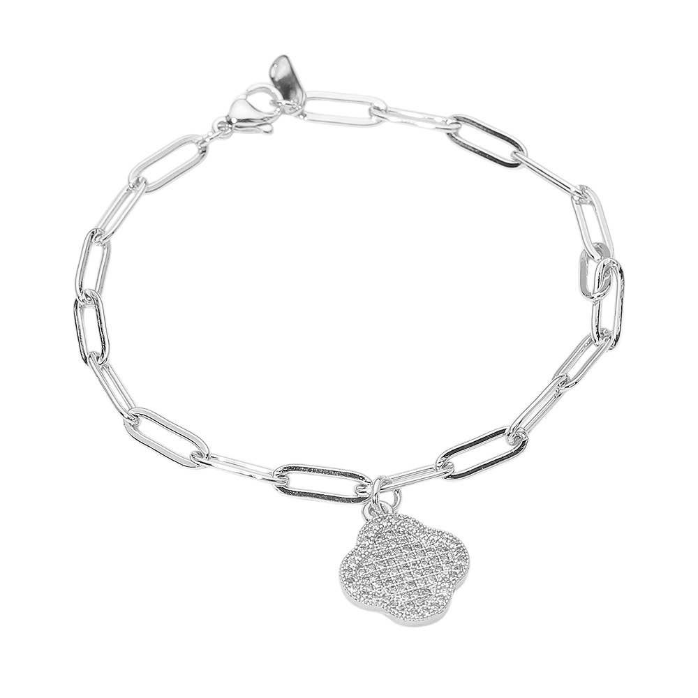 Stainless Steel Rhinestone Pave Quatrefoil Charm Paperclip Chain Link Bracelet