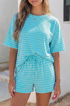 Raised Rib Loose Tee Drawstring Elastic Waist 2pcs Short Set