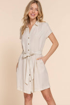 0420 Belted Tencel Shirt Mini Dress w/ Side Pockets SI-26238