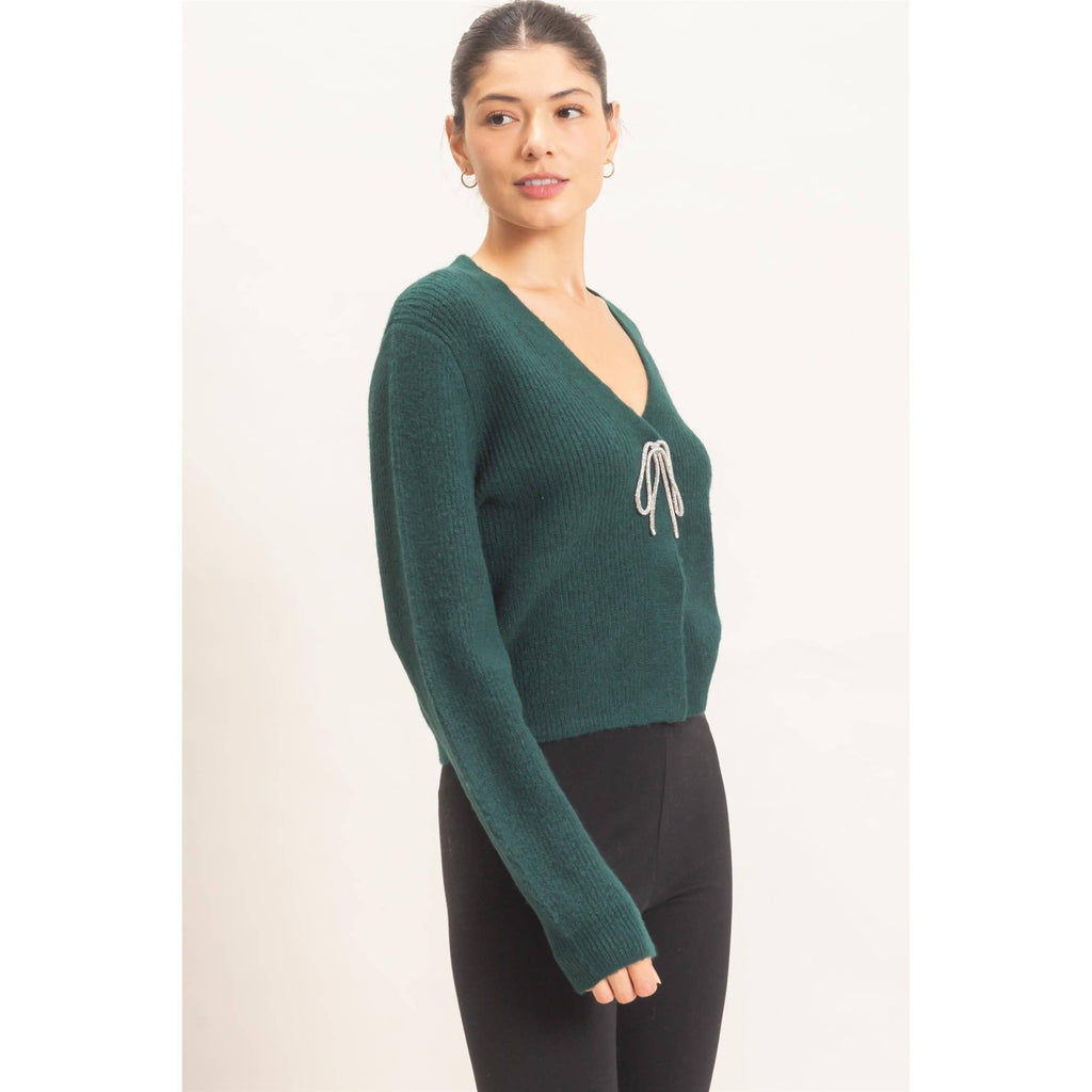 Rhinestone Bow Tie-Front Sweater