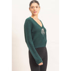 Rhinestone Bow Tie-Front Sweater