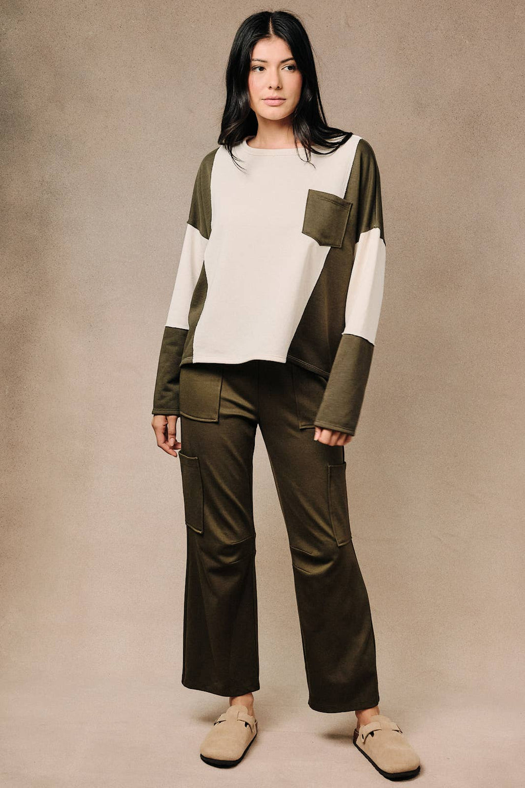 Colorblock Raw Edge Long Sleeve Pocket Sweatshirt Top