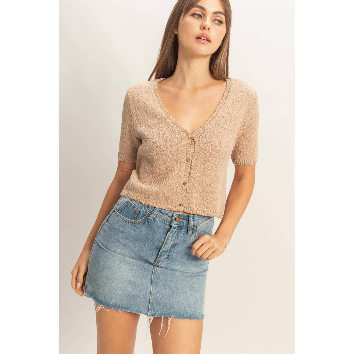 V-Neck Cropped Button Cardigan