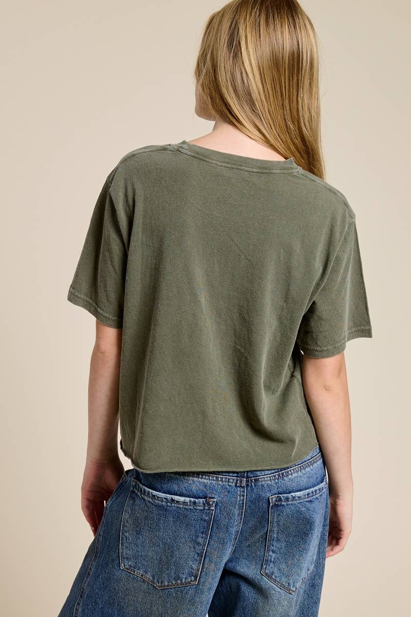 PUFF' WWJD Lace Graphic Raw Hem Faux Crop Tee