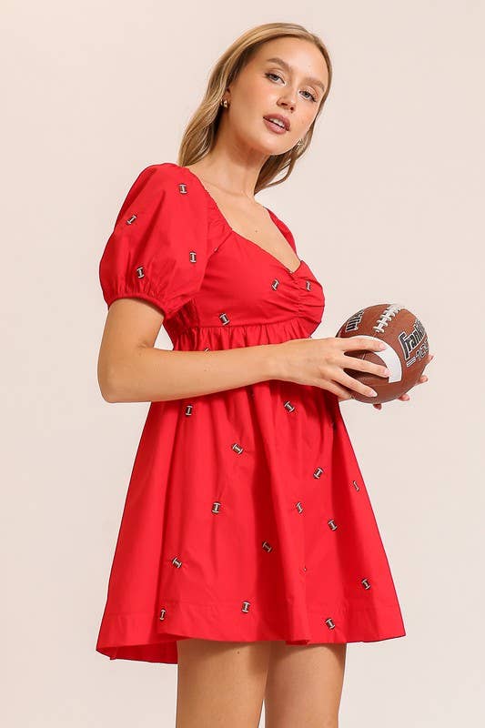 Football Embroidered Game Day Puff Sleeve Dress