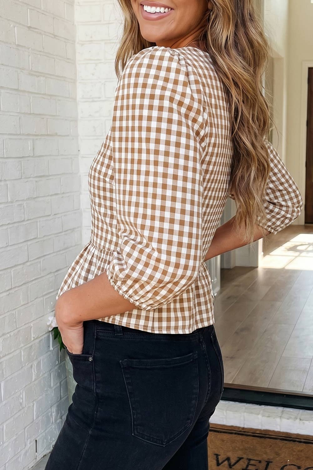 LAS-LIVE Plaid Smocked Bubble Sleeve Casual Blouse (S-XL)