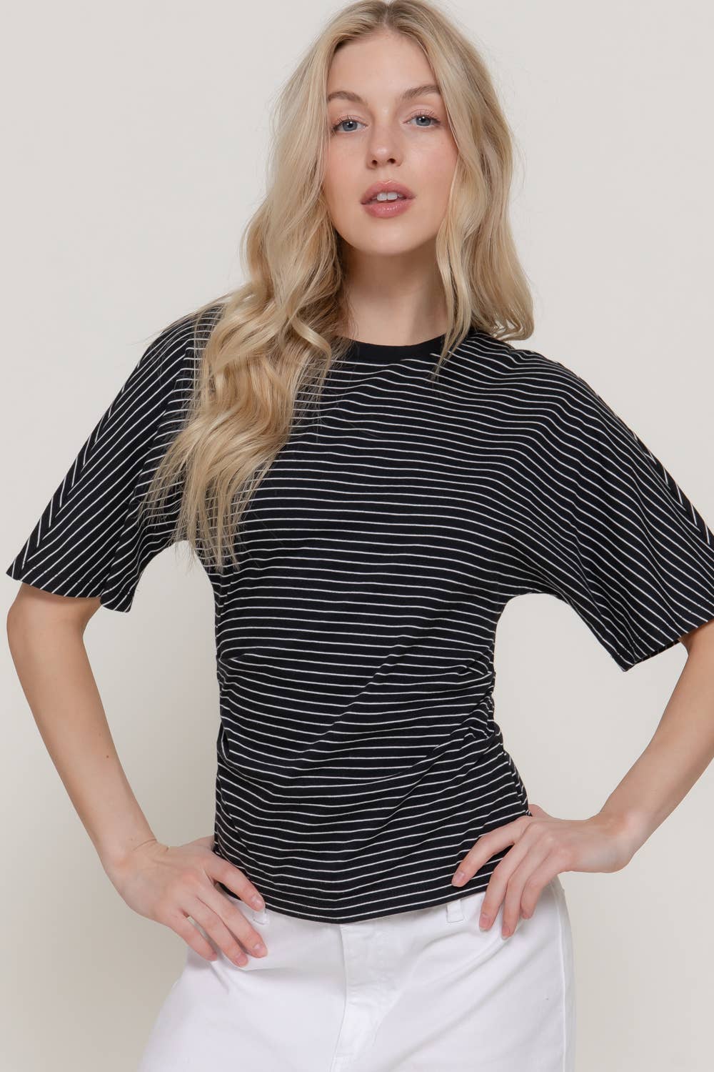Short Dolman Sleeve Defined Silhouette Stripe Knit Top