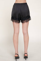 Waistband Lace Trim Hem Satin Shorts