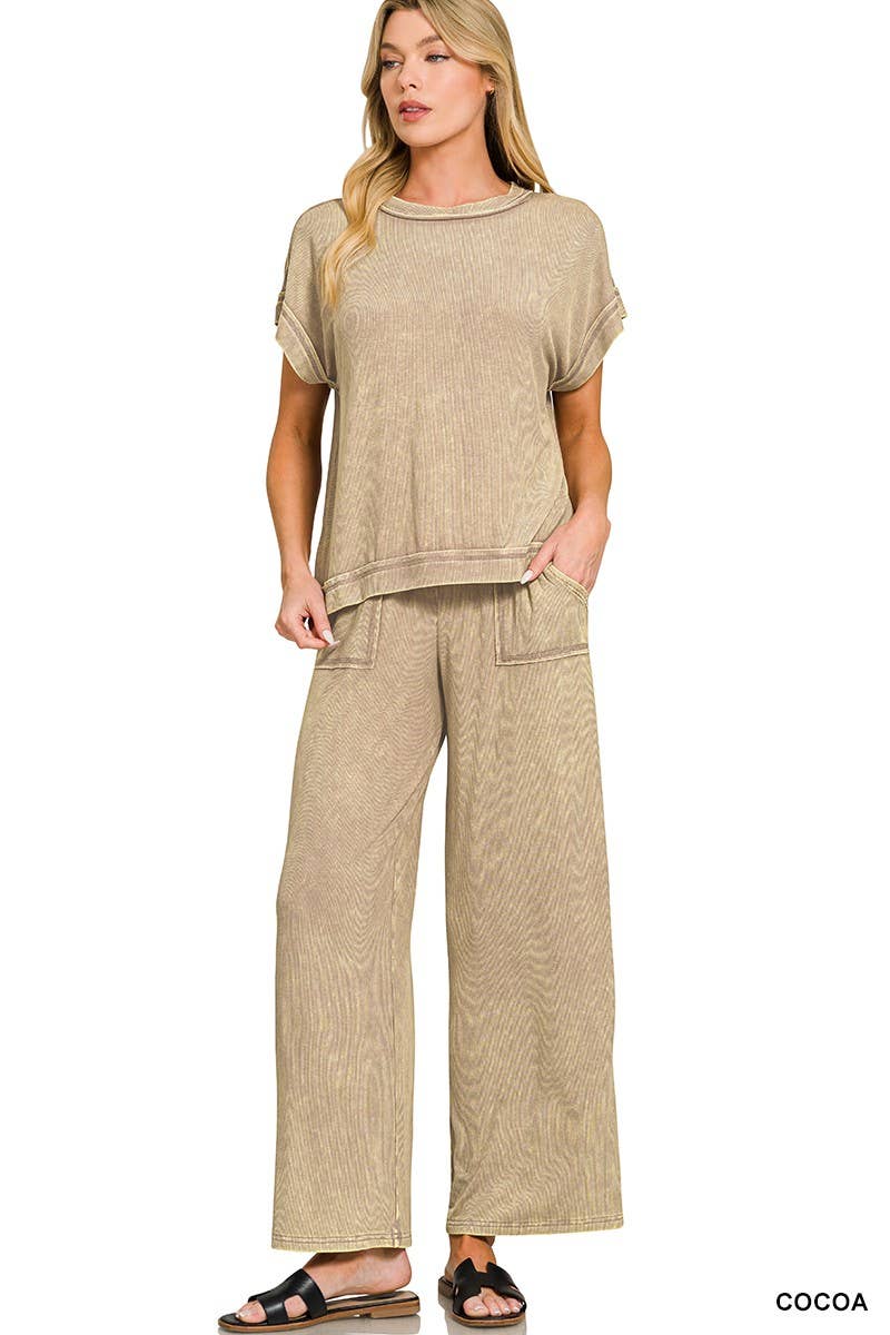 Ribbed Acid Wash Rayon Top N Pants Set