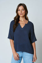 SPLIT NECK SHORT SLEEVE SHEER CROCHET KNIT TOP (PRE-ORDER)