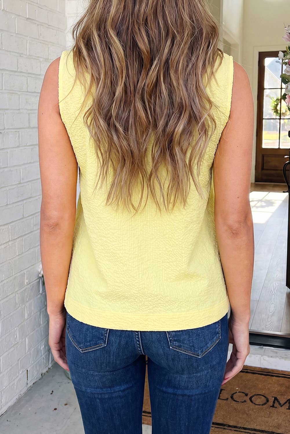 LAS Bow Tie Notched Neck Pleated Tank Top (S-XL)