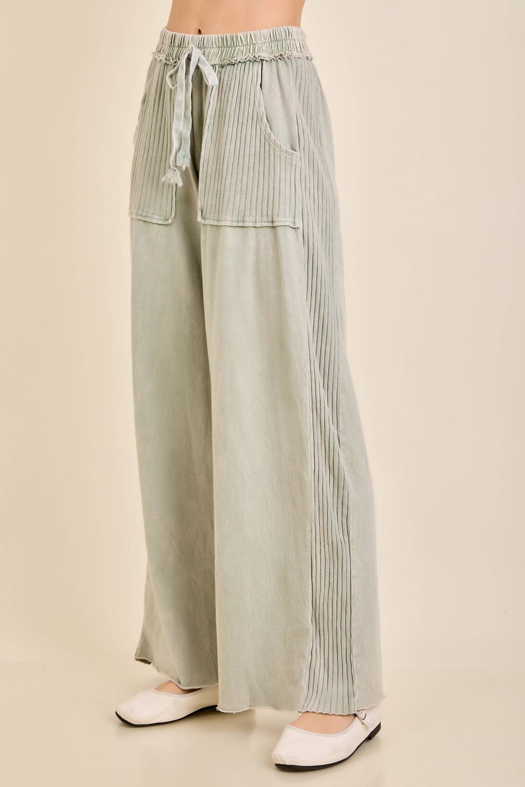 Mineral Wash Side Knit detail wide leg pants HE5878P