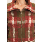 Wide Collar Plaid Zip-Up Sweater