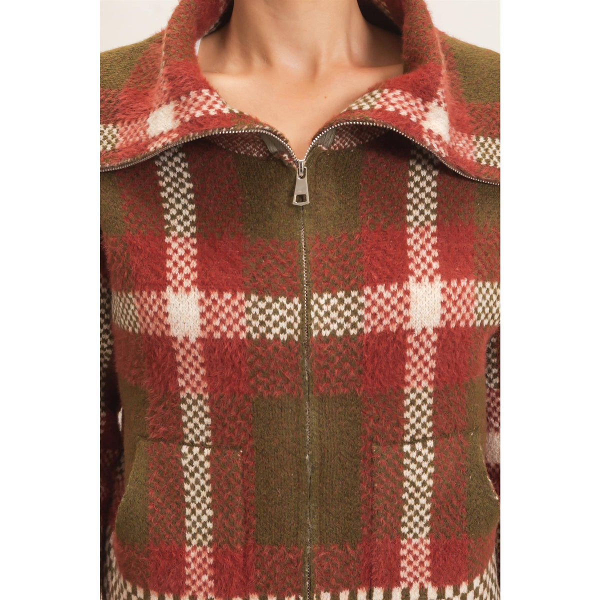 Wide Collar Plaid Zip-Up Sweater