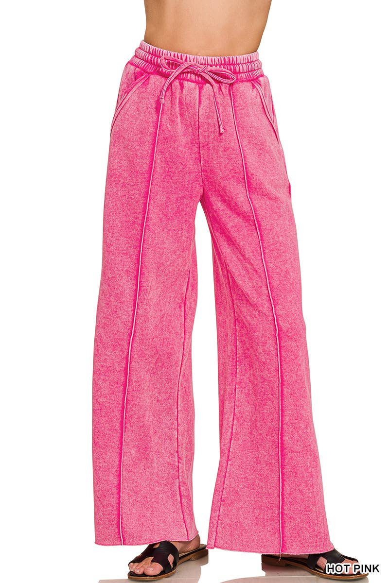 Acid Washed Fleece Pintuck Wide Leg Pants w/ Pockets