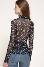 Long Sleeve High Neck Ruched Dot Print Mesh Top