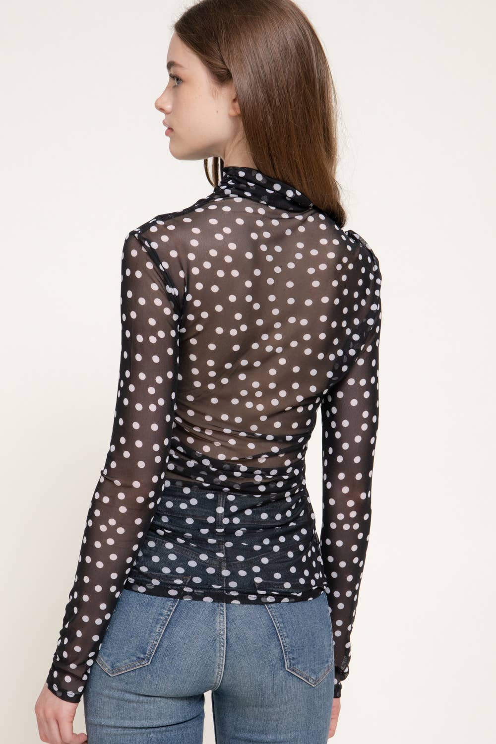 Long Sleeve High Neck Ruched Dot Print Mesh Top