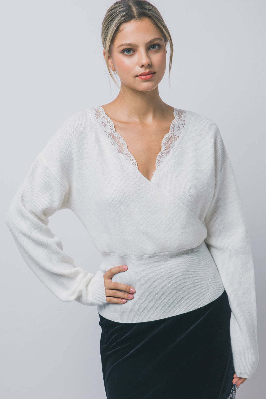 Lace-trim Faux-wrap Knit Sweater