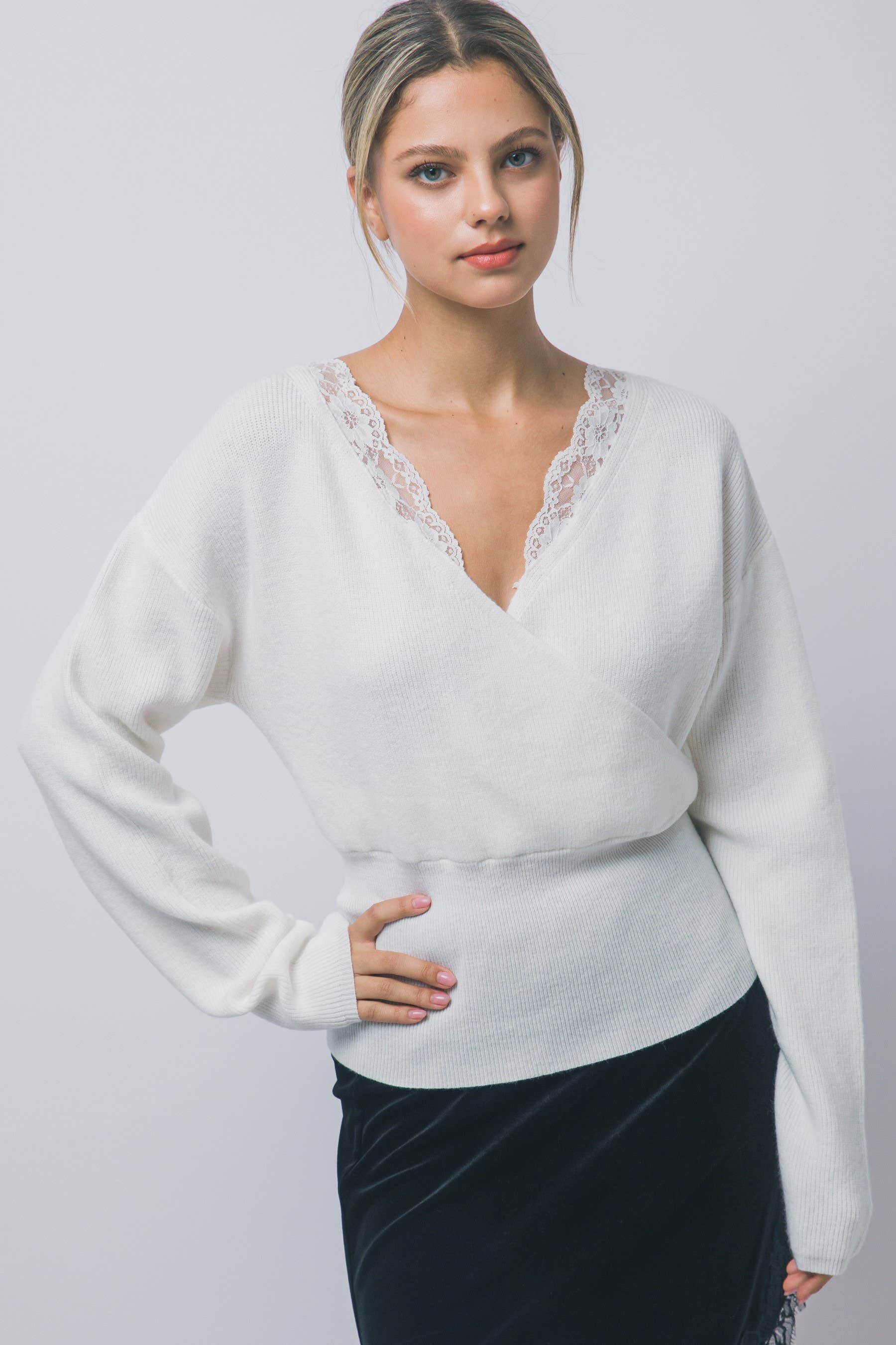 Lace-trim Faux-wrap Knit Sweater