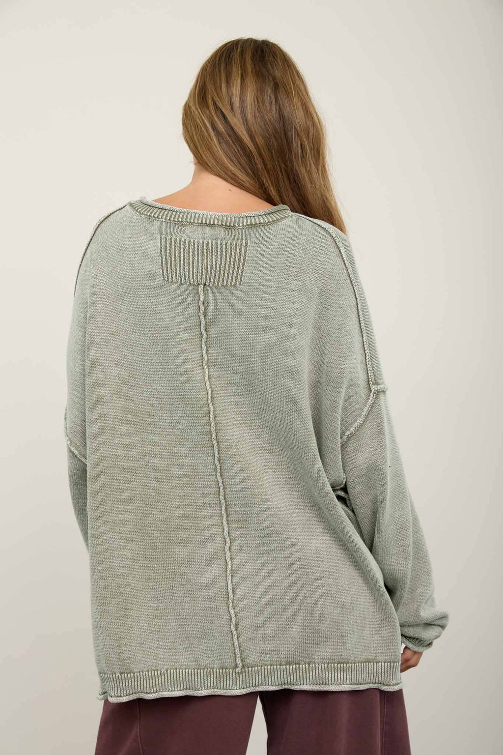 WASHED RAW EDGE CREW NECK DROP SLEEVE SWEATER