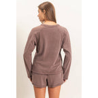 Mineral Wash Long Sleeve Raw Edge Top & Shorts Set