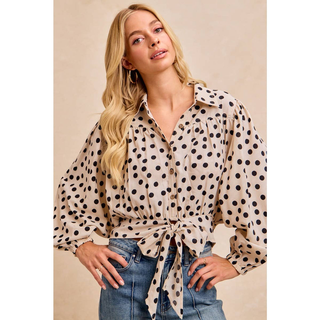 POLKA DOT PRINT TIE HEM DETAIL CROP BLOUSE TOP