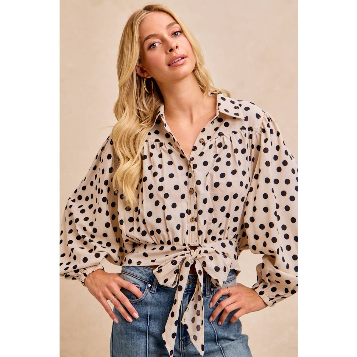 POLKA DOT PRINT TIE HEM DETAIL CROP BLOUSE TOP