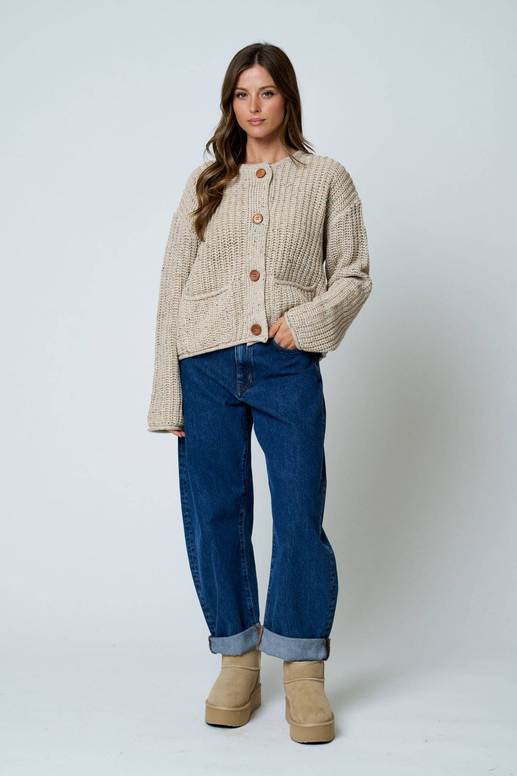 MARLED BUTTON DOWN  RAW EDGE CHUNKY KNIT CARDIGAN