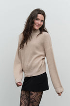 RIBBED ROLLED MOCK NECK CROPPED KNIT SWEATER