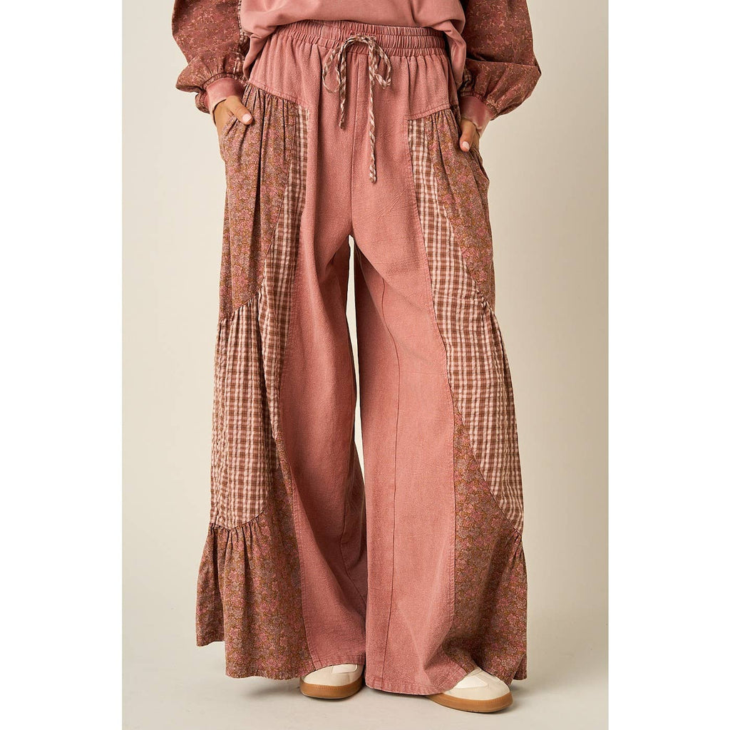PATCHWORK MIXED PRINT WIDE LEG PANTS