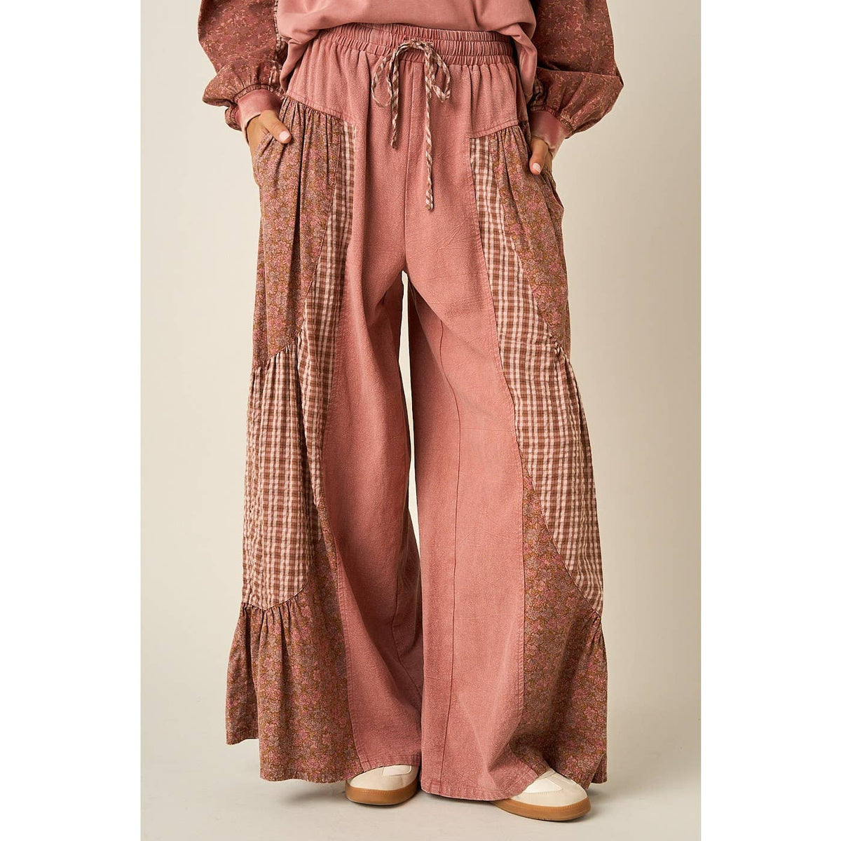 PATCHWORK MIXED PRINT WIDE LEG PANTS