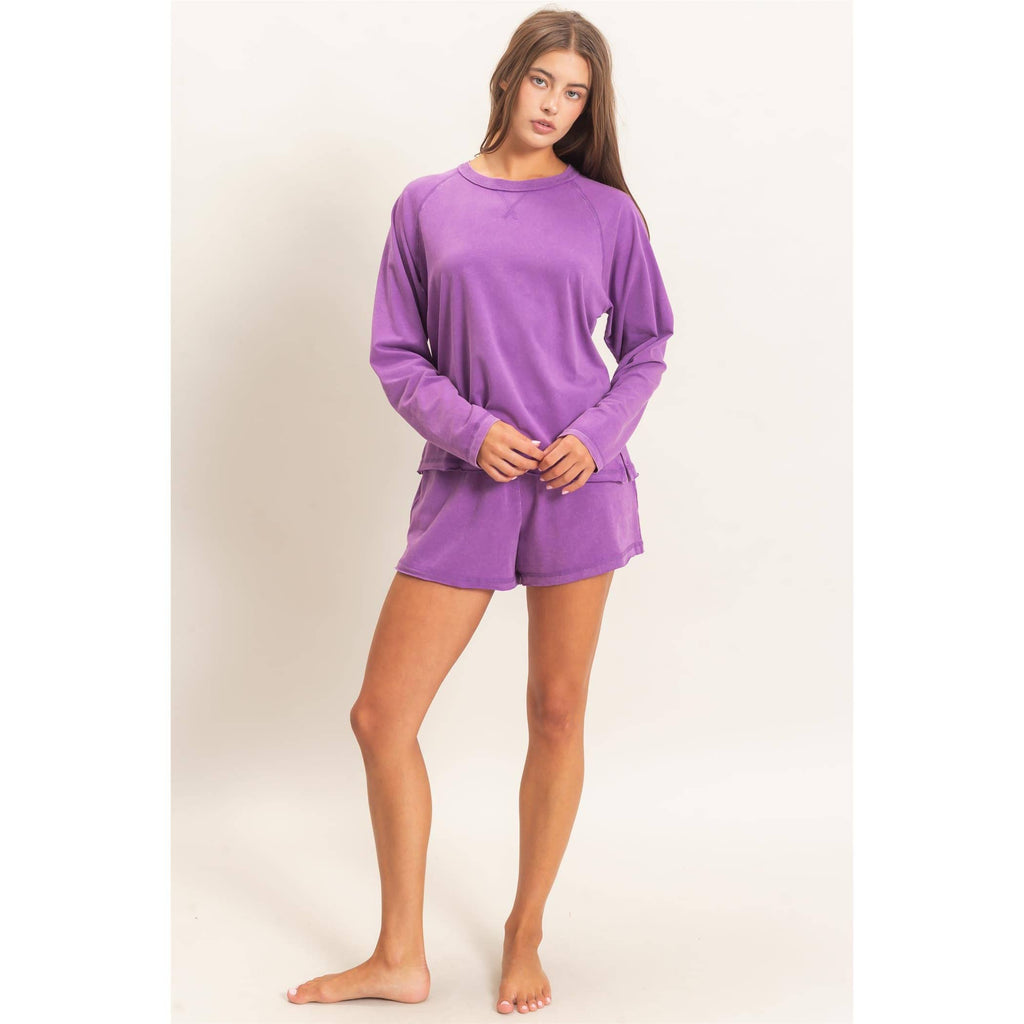 Mineral Wash Long Sleeve Raw Edge Top & Shorts Set