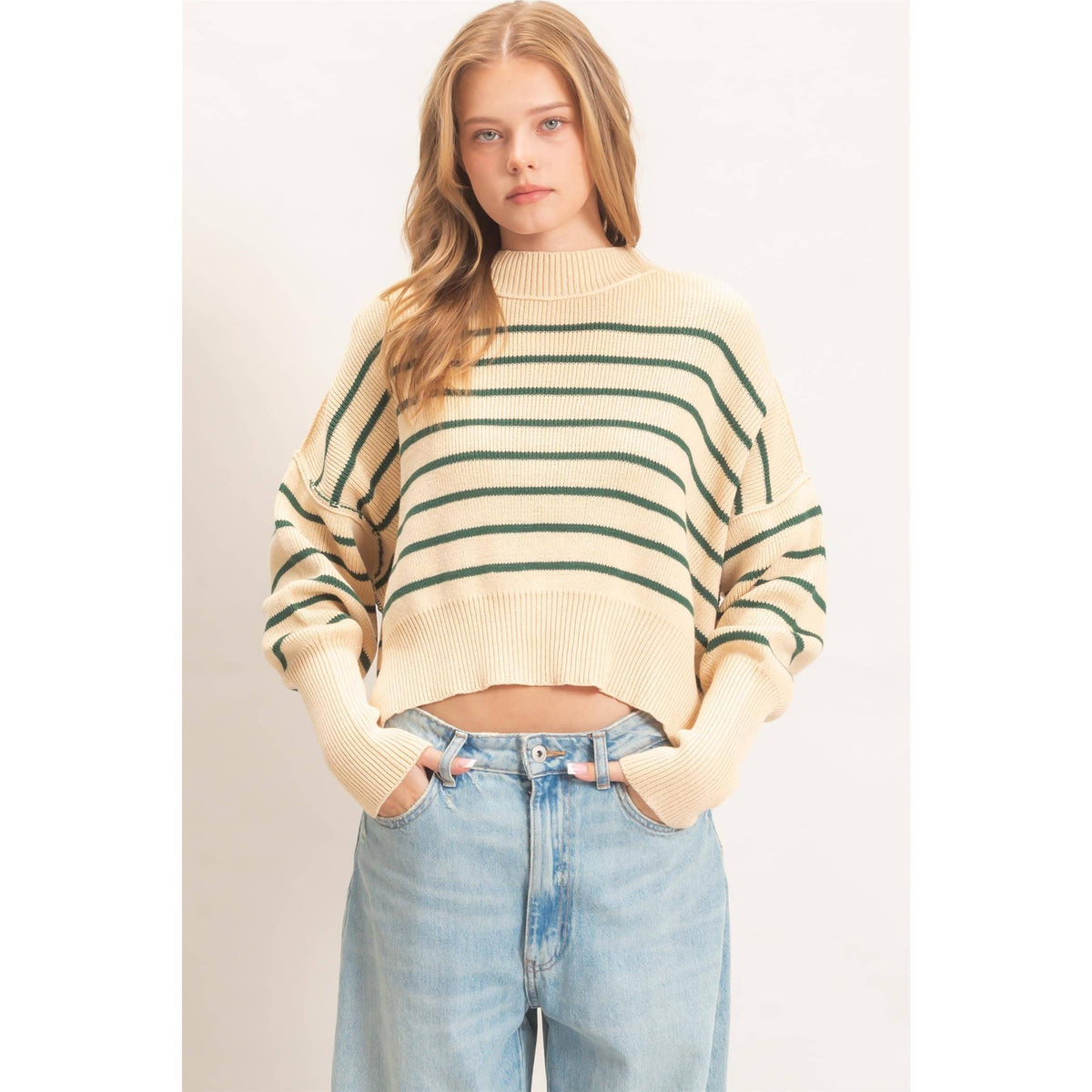 Striped Mock Neck Cropped Sweater