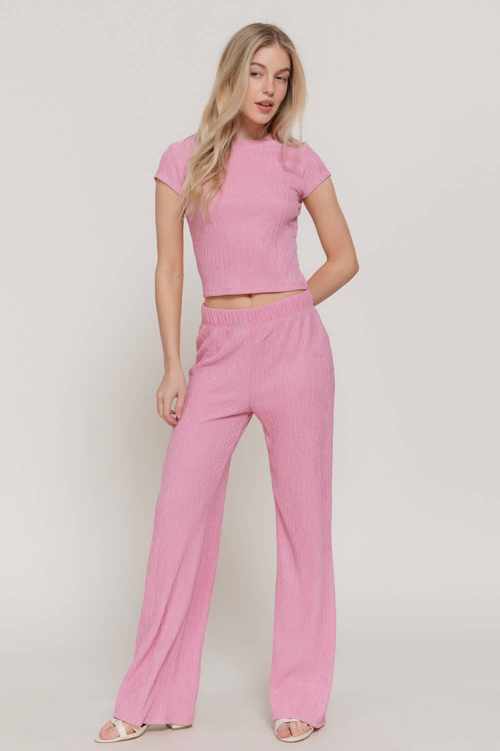 Short Sleeve Crew Neck Top & Waist Band Flare Pants Set
