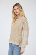 ACID WASH LONG SLEEVE SIDE SLIT KNIT TOP