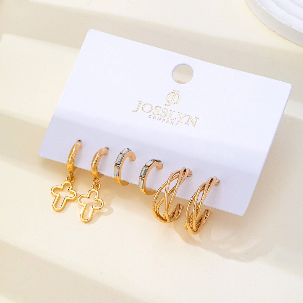 Gold-Tone Cross Baguette Hoop Earring Trio Set | 80E62865